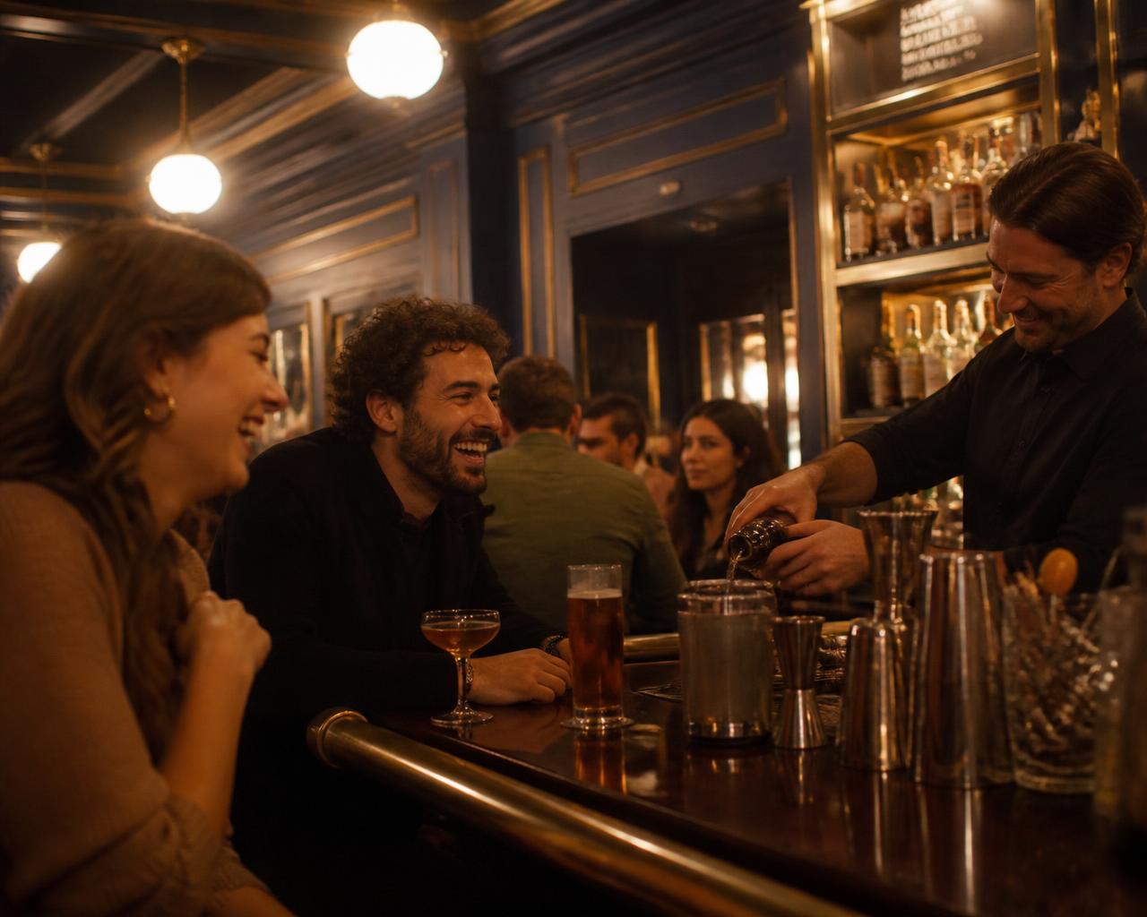 Guests laughing at the bar while a bartender pours a cocktail at Rumsey Tavern