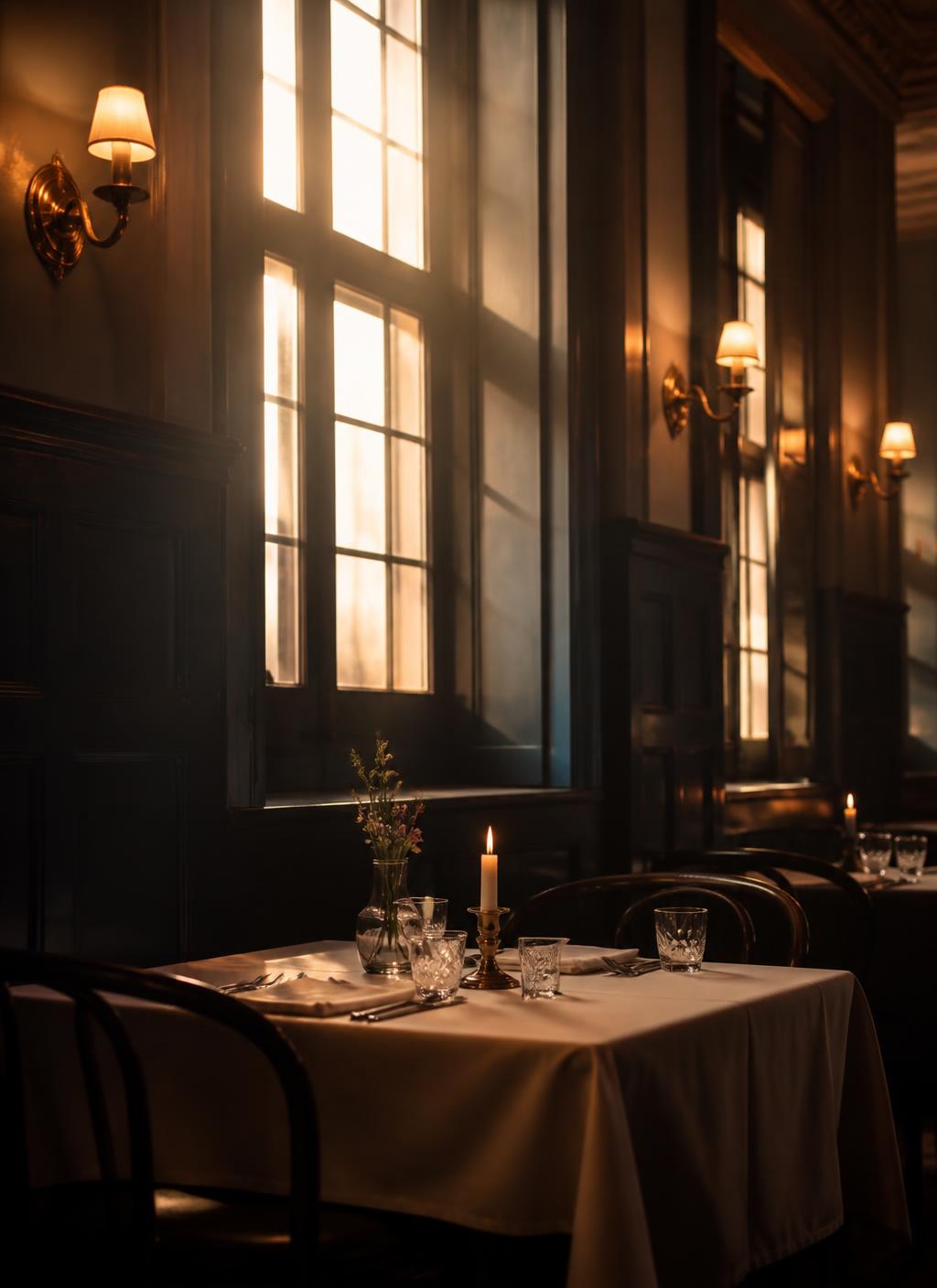 Candlelit table by tall windows in the dining room of Rumsey Tavern, a historic tavern in Shepherdstown
