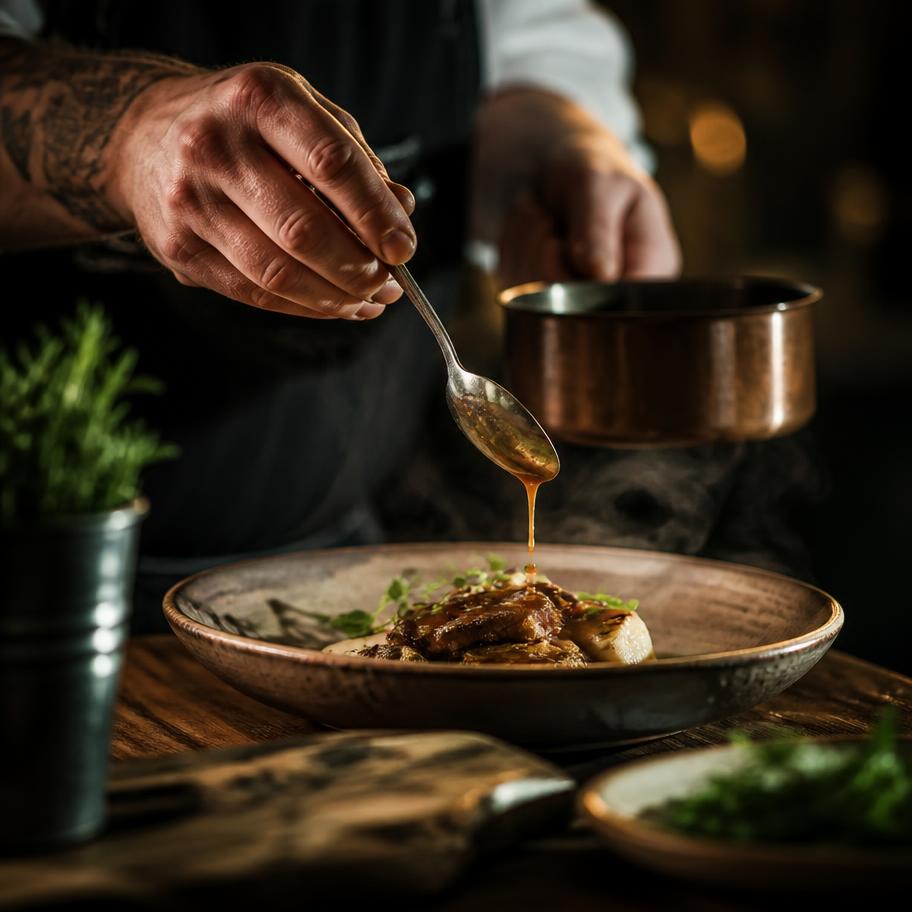 A chef spooning pan sauce over a plated dish in the tavern kitchen