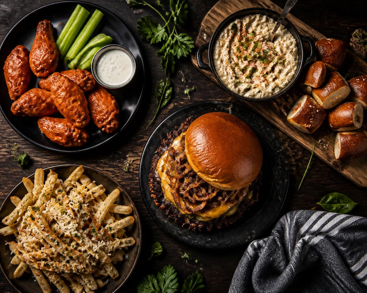 Overhead spread of smash burger, buffalo wings, crab dip and truffle fries at Rumsey Tavern
