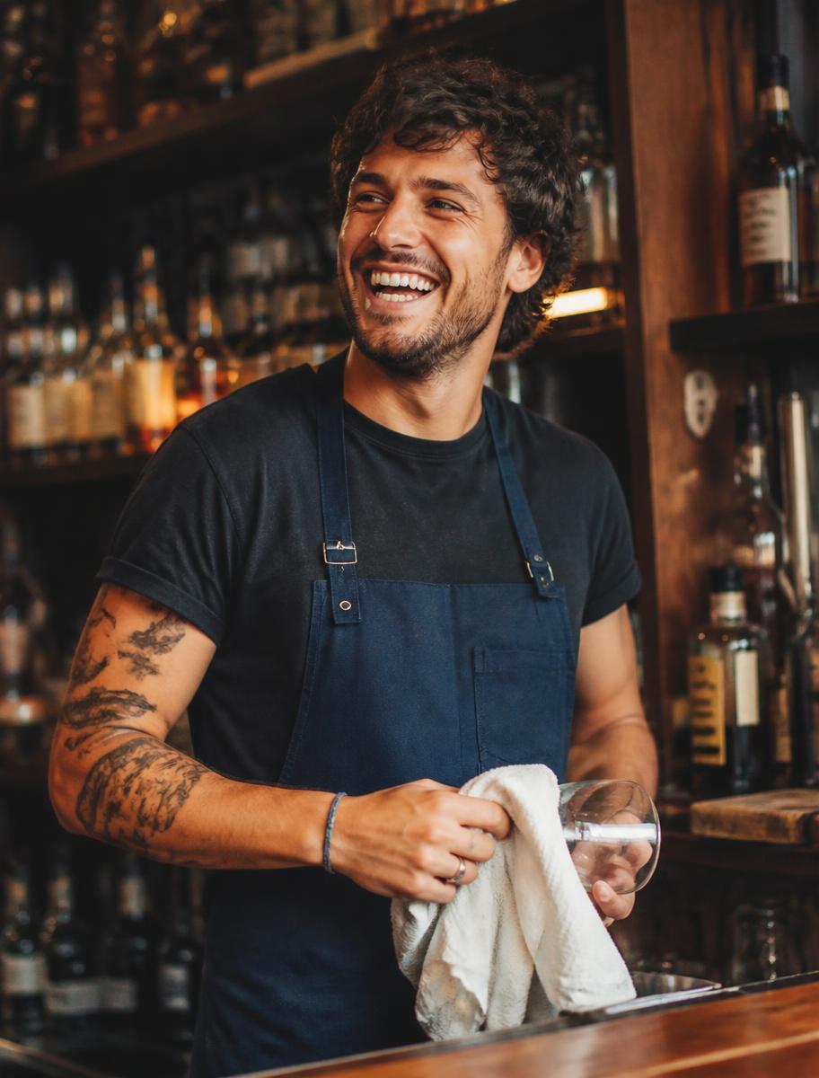 Bartender laughing while polishing a glass behind the tavern bar