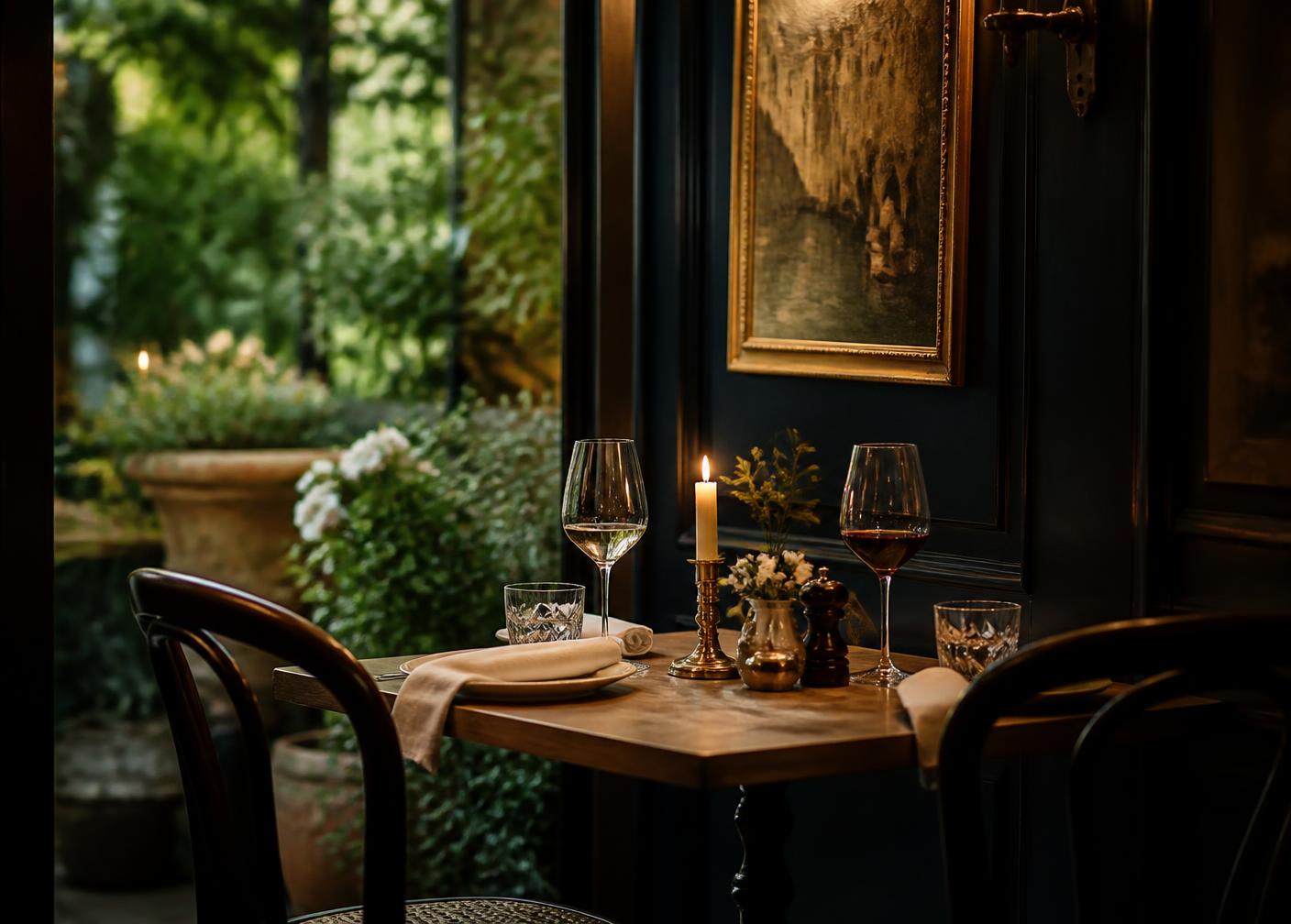 Candlelit table set for dinner at Rumsey Tavern