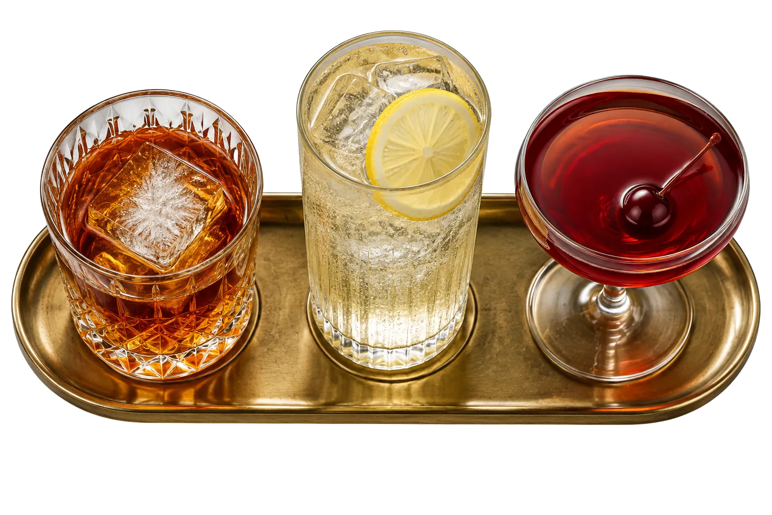Three craft cocktails on a brass tray at Rumsey Tavern: one on a large ice cube, a lemon highball and a cherry coupe