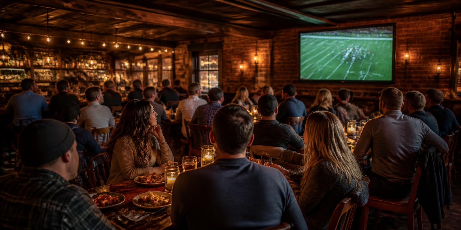 Fans gathered at the tavern bar watching a football game