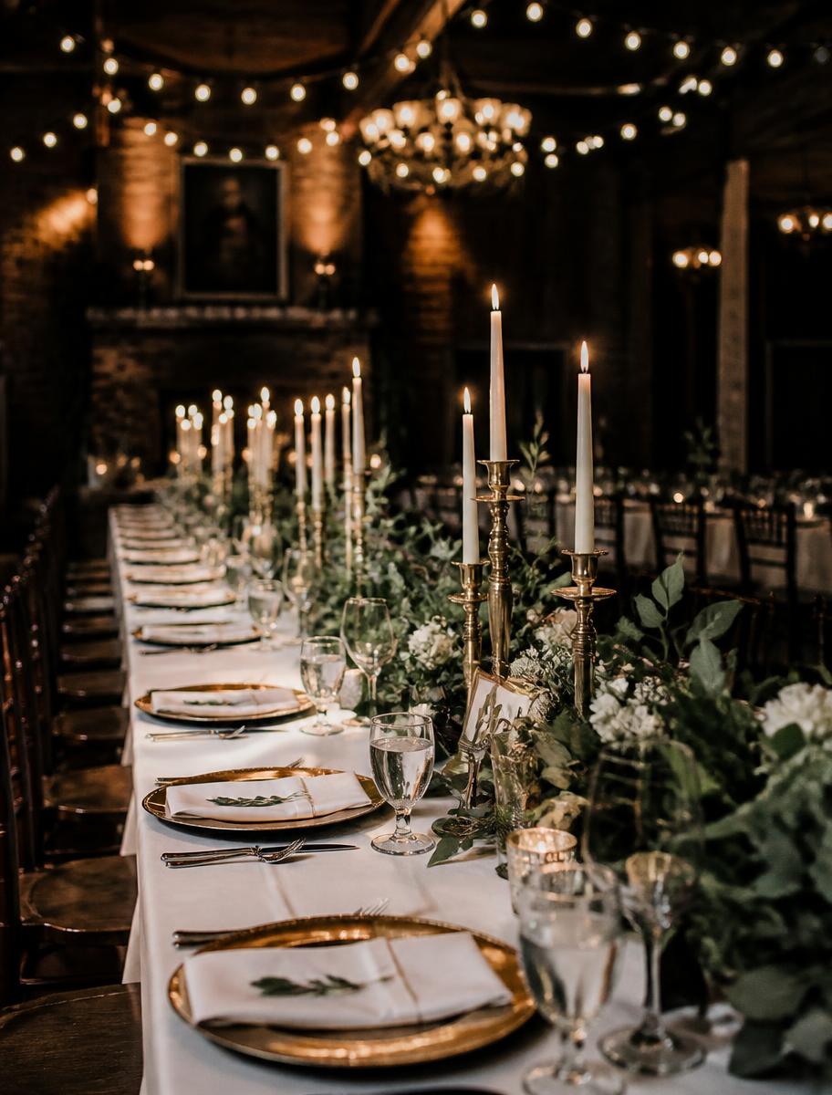 Candlelit reception tablescape with white roses and gold candlesticks