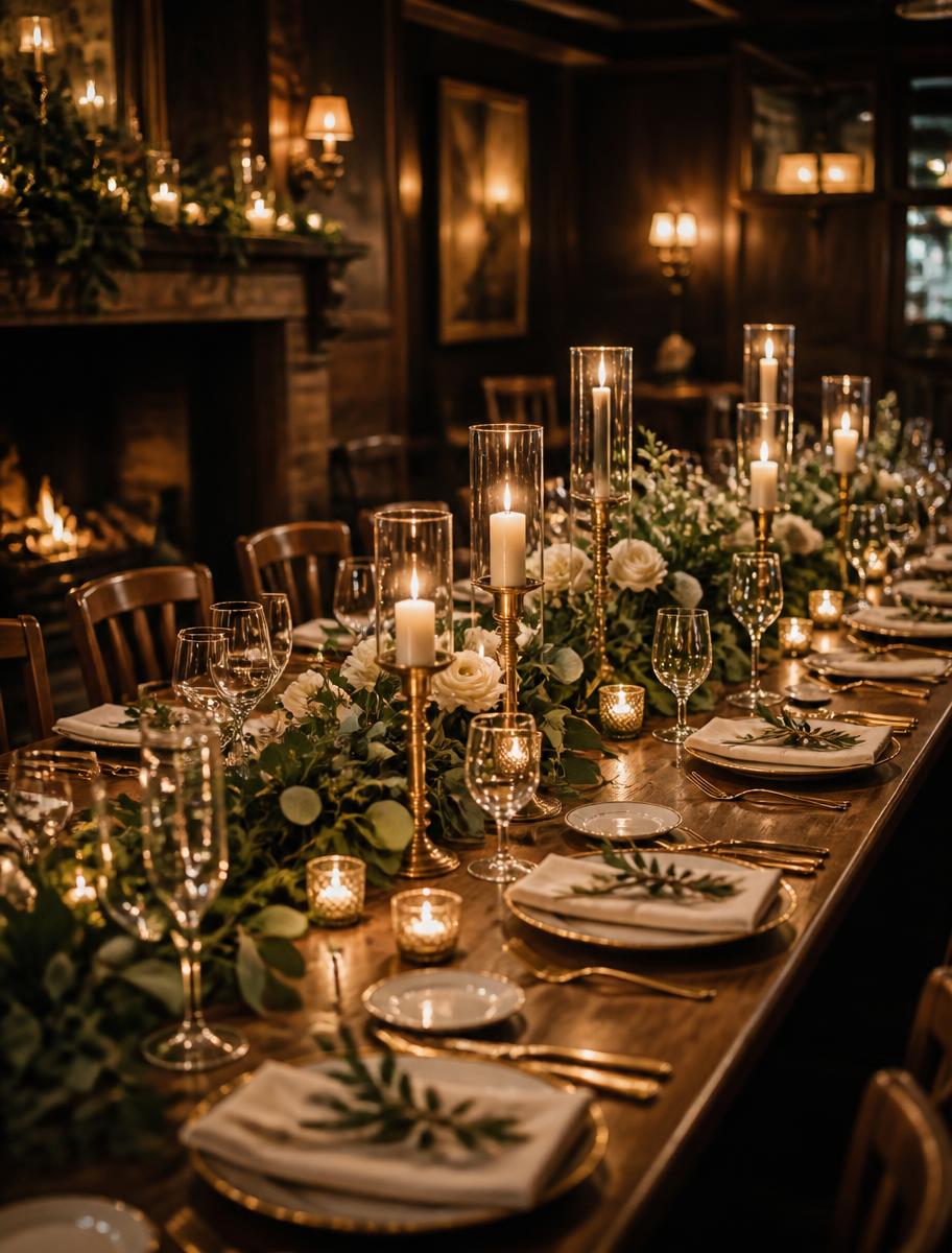 Long candlelit table set for a wedding reception in the private room