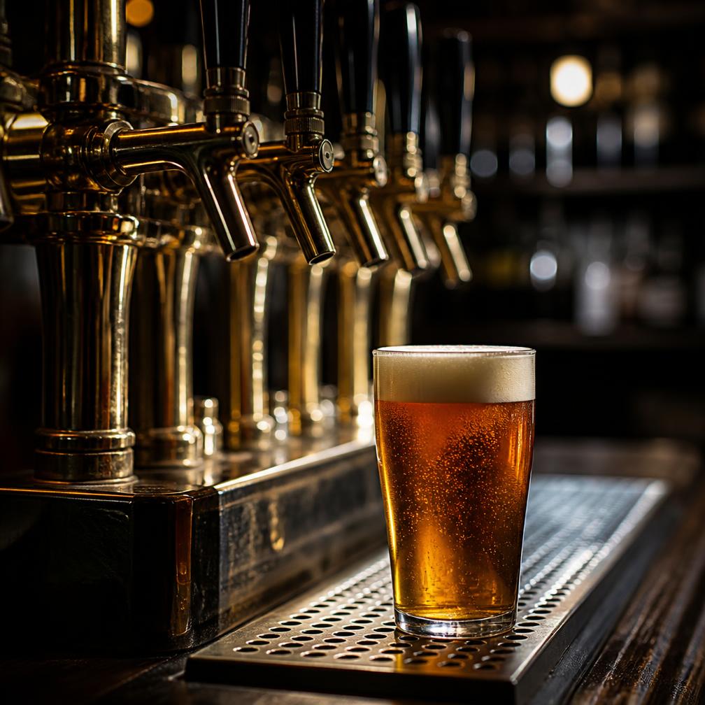 Brass beer taps with a freshly poured amber pint