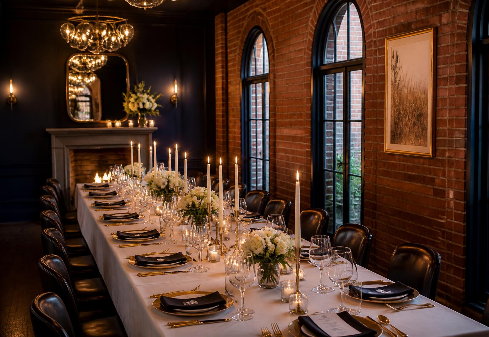 Long candlelit banquet table with flowers in a brick private event room at Rumsey Tavern in Shepherdstown