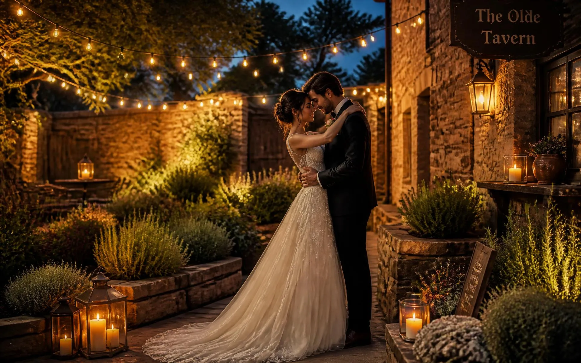 Couple embracing under string lights in the garden courtyard at Rumsey Tavern, a wedding venue in Shepherdstown